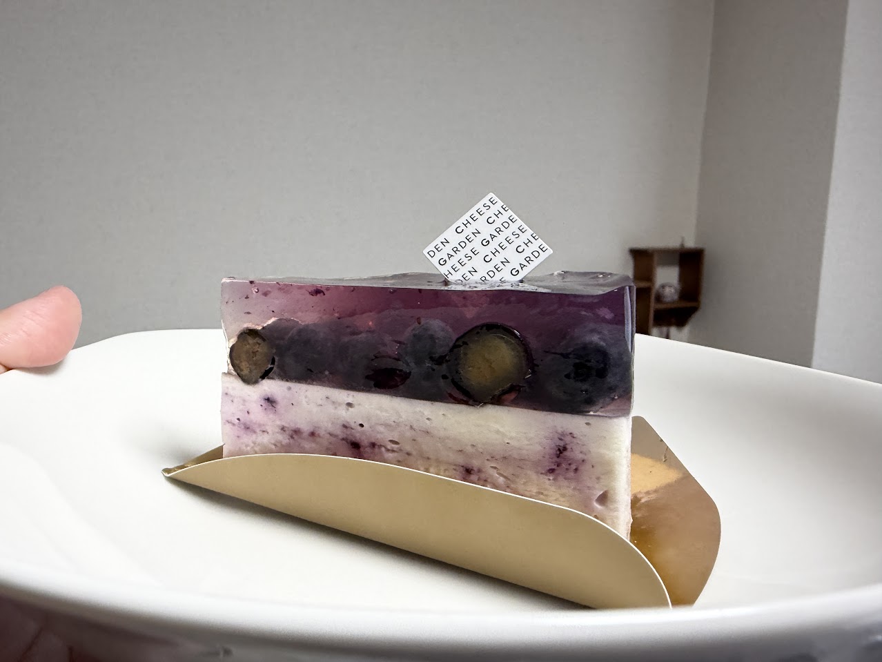 お皿にのせたブルーベリーレアチーズケーキ。紫色のゼリーと白いレアチーズの2層になっている