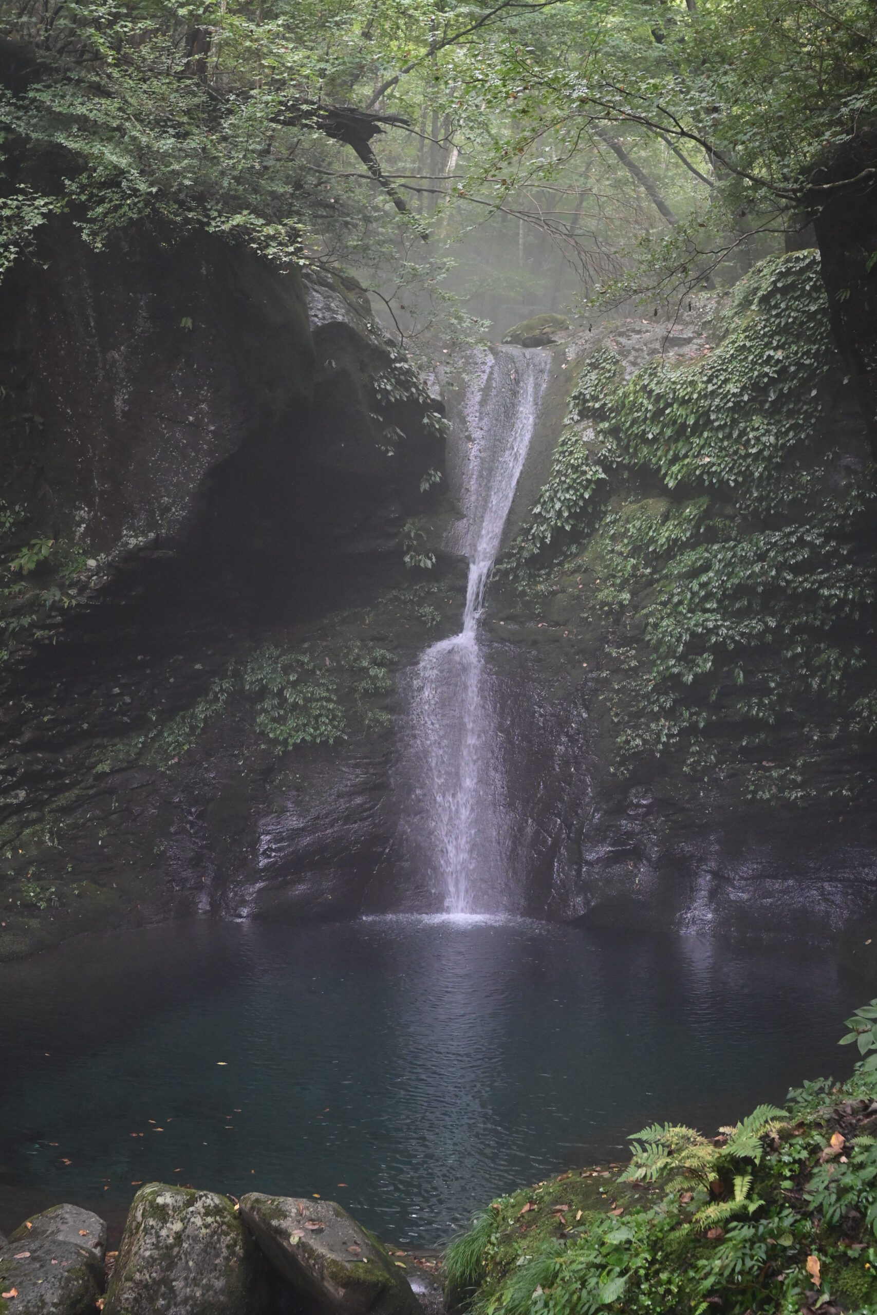 おしらじの滝の滝つぼ。青緑色の水をたたえている